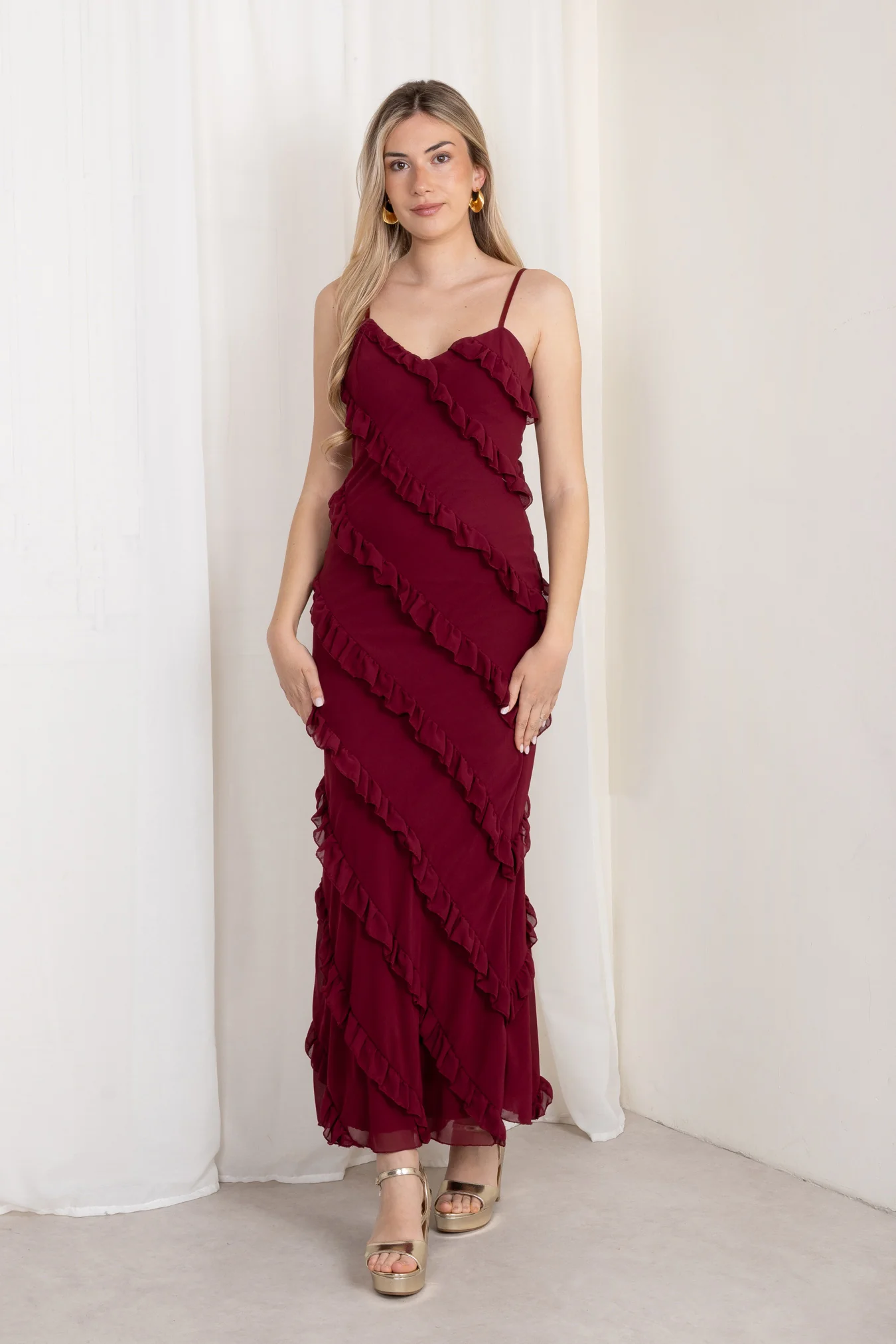 Vestido Maxi Volantes Granate