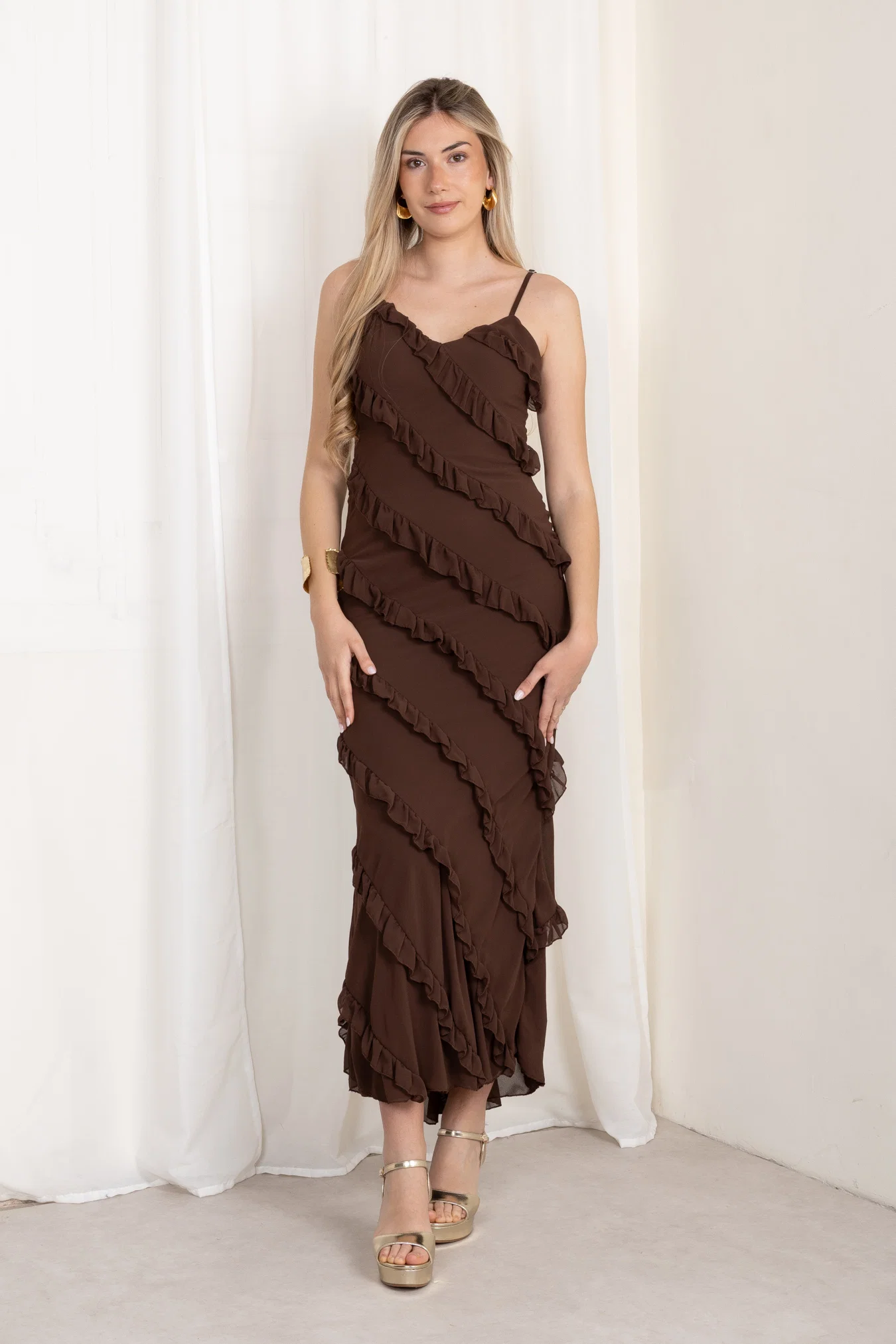 Vestido Maxi Volantes Marrón - Image 7
